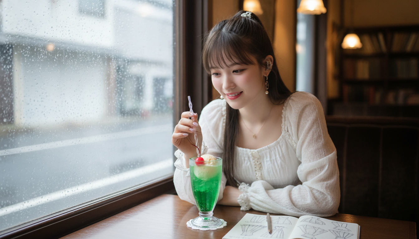 りん本人と「突然の通り雨と、レトロなグラスの中で弾ける緑色のワクワク」の内容を表すブログ挿絵