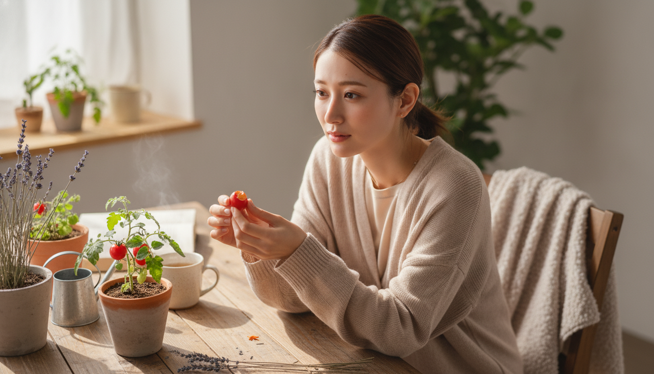 花本人と「齧られた赤い果実と、予定外の訪問者が残した余白」の内容を表すブログ挿絵