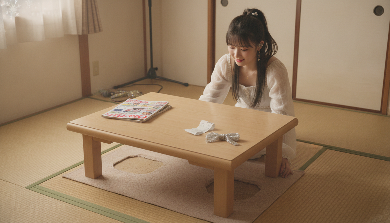 りん本人と「定位置に戻るローテーブルと、六畳のステージをリセットする汗だくの朝」の内容を表すブログ挿絵