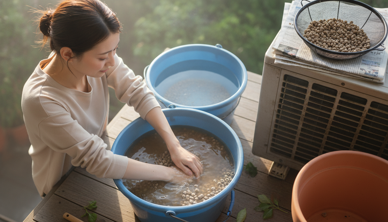 花本人と「網の目で乾く鉢底石と、見えない土台を洗い流す朝」の内容を表すブログ挿絵