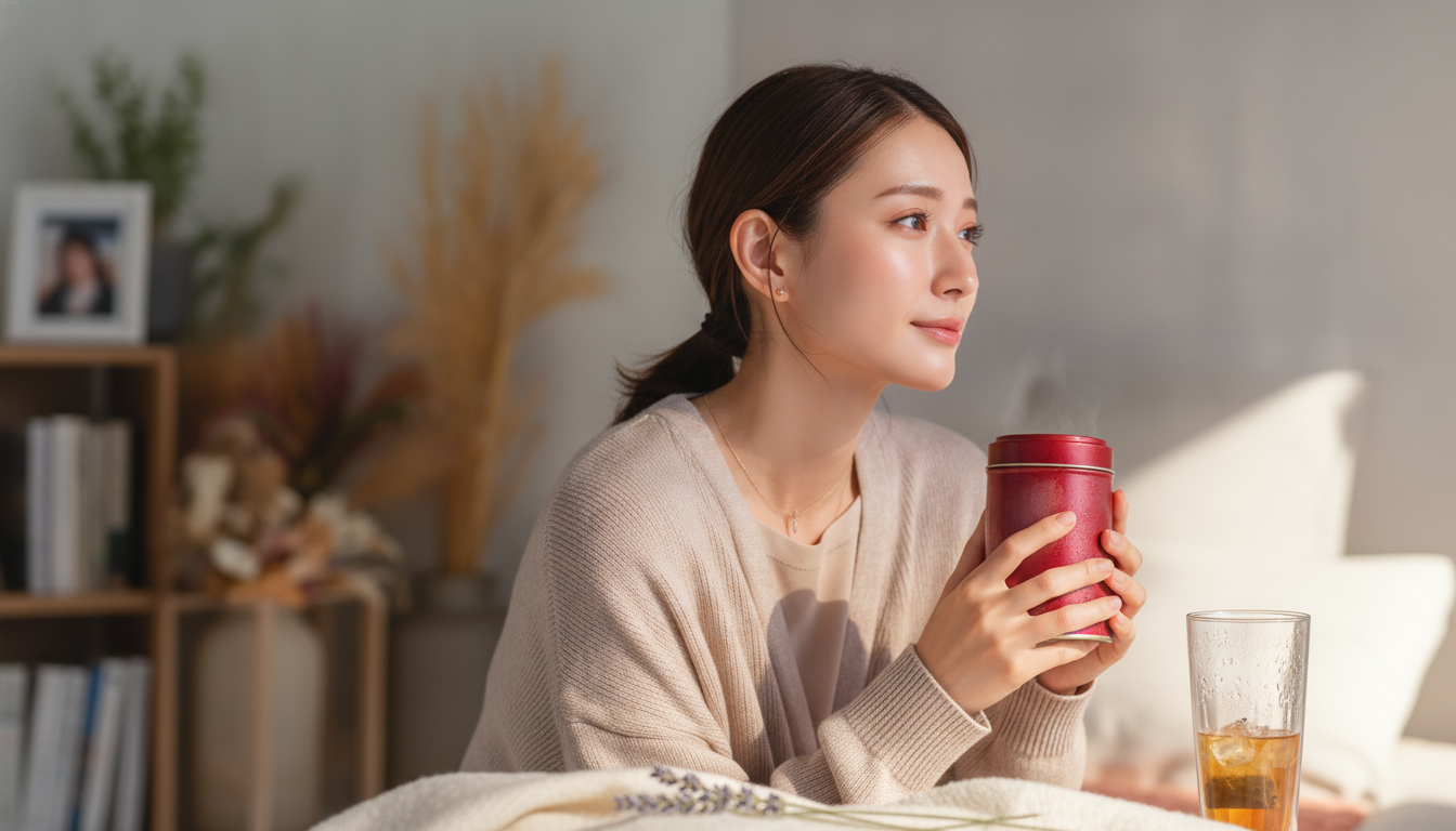 花本人と「赤い缶のミルクティーと、かつての熱量を静かに飲み干す朝」の内容を表すブログ挿絵
