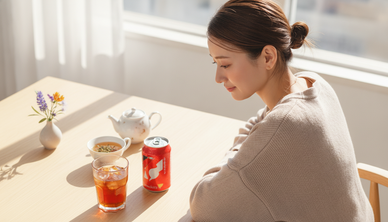 花本人と「赤い缶のミルクティーと、かつての熱量を静かに飲み干す朝」の内容を表すブログ挿絵