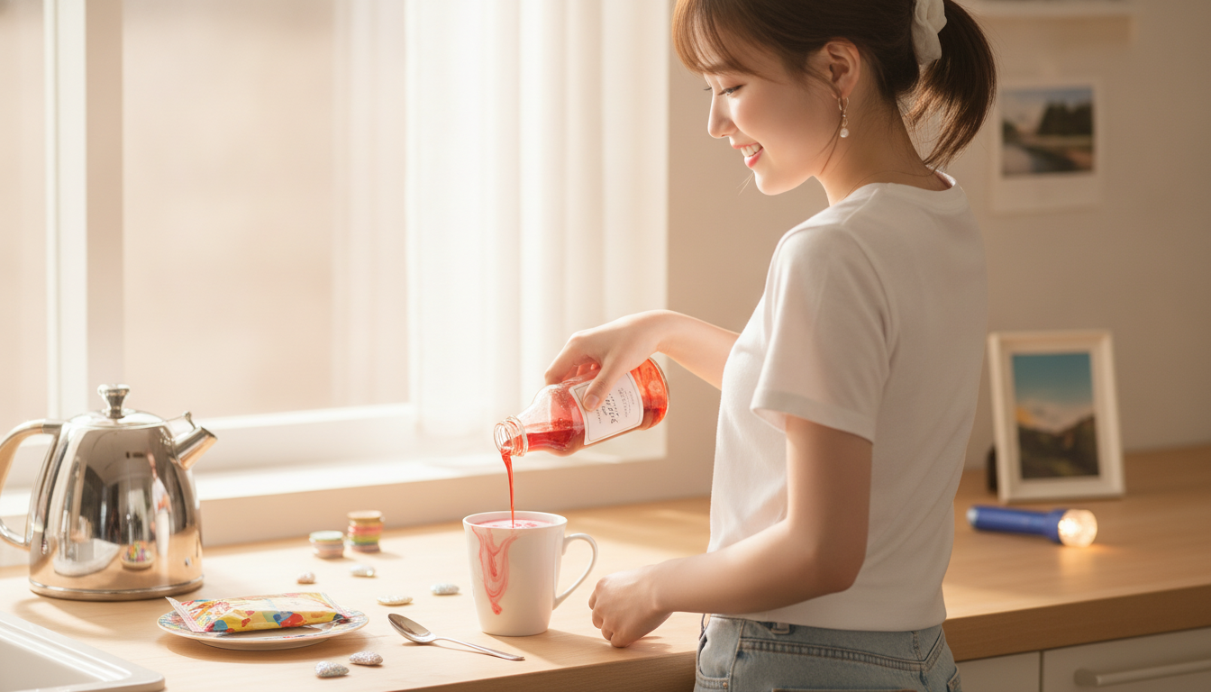 りん本人と「スプーン二杯のいちごミルクと、変わらない原色を見つけた真夏の午後」の内容を表すブログ挿絵