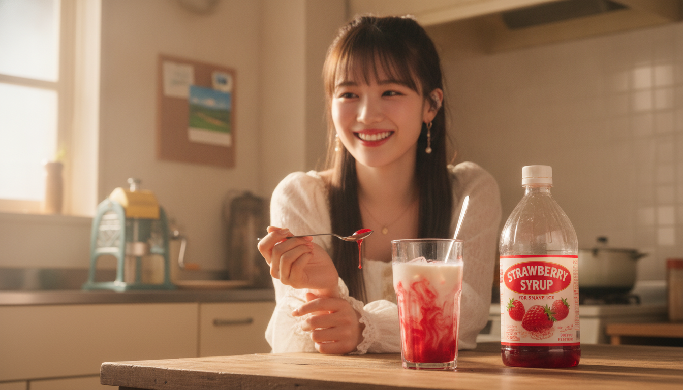 りん本人と「スプーン二杯のいちごミルクと、変わらない原色を見つけた真夏の午後」の内容を表すブログ挿絵