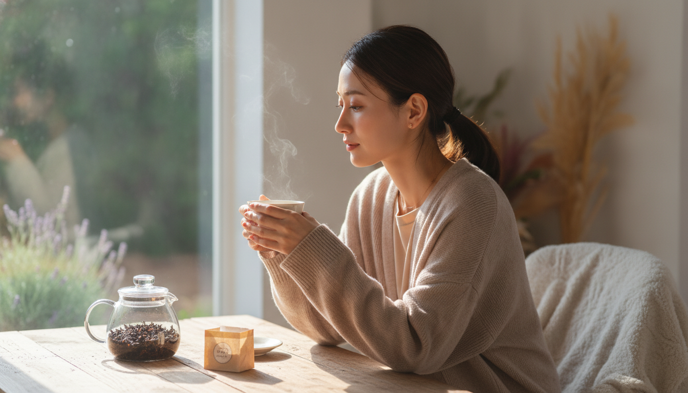 花本人と「カップから立ち昇るスモーク香と、好きか嫌いか決めない午後の余白」の内容を表すブログ挿絵