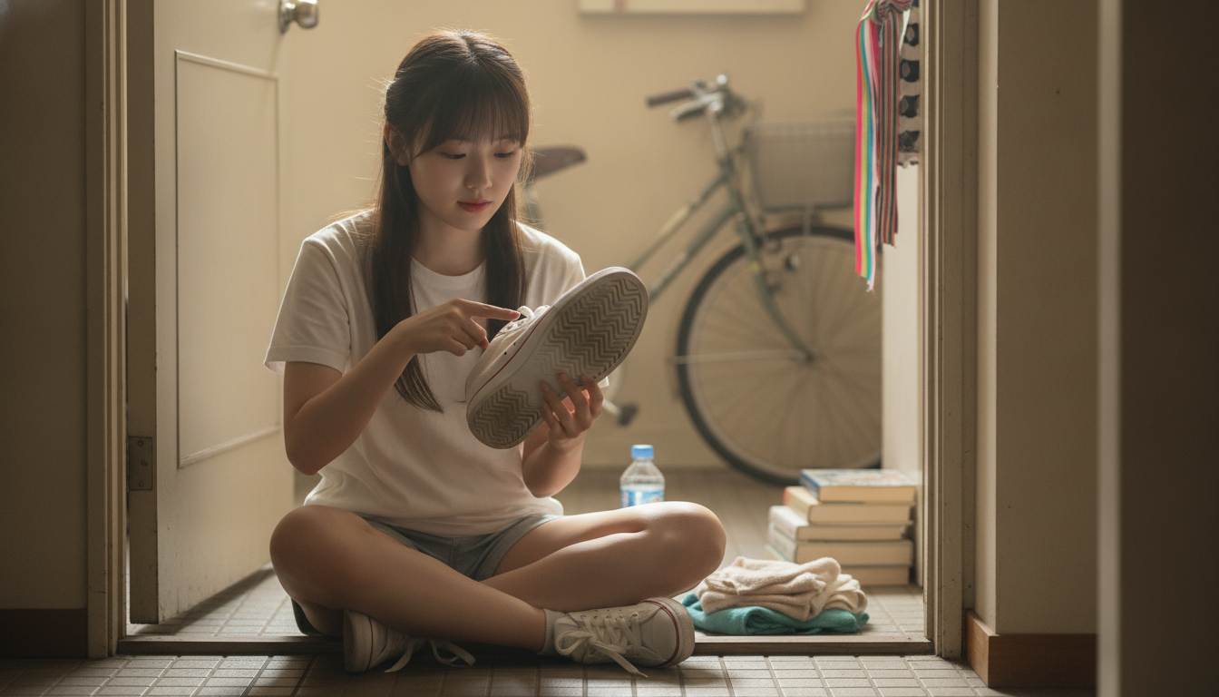 りん本人と「すり減った右足の靴底と、アスファルトを蹴る不器用なリズム」の内容を表すブログ挿絵