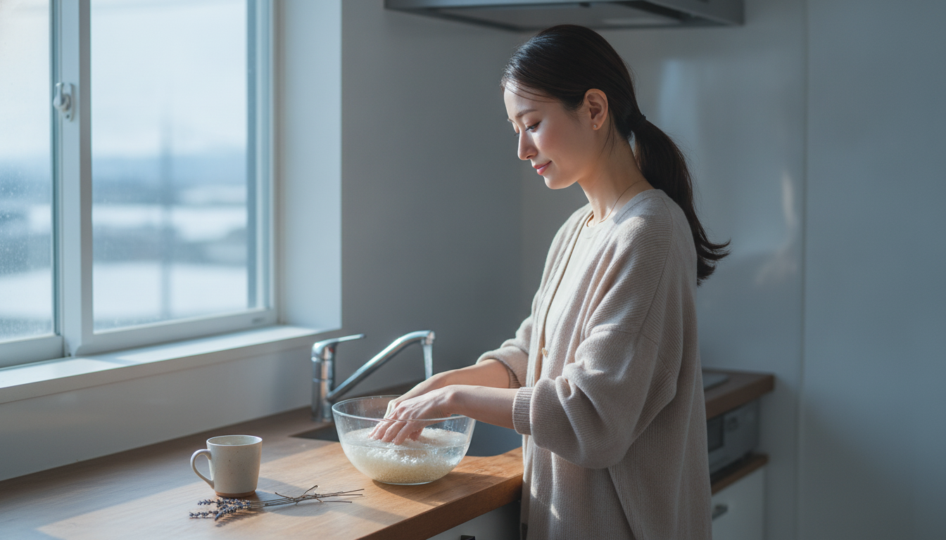 花本人と「掌に触れる生ぬるい水道水と、それぞれの窓から見える景色の違い」の内容を表すブログ挿絵