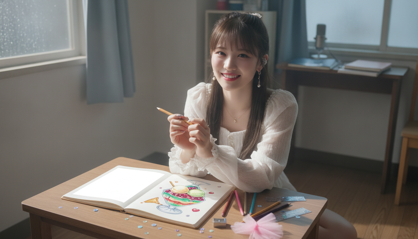 りん本人と「空白のトッピングと、未完成な私に寄り添う朝の光」の内容を表すブログ挿絵