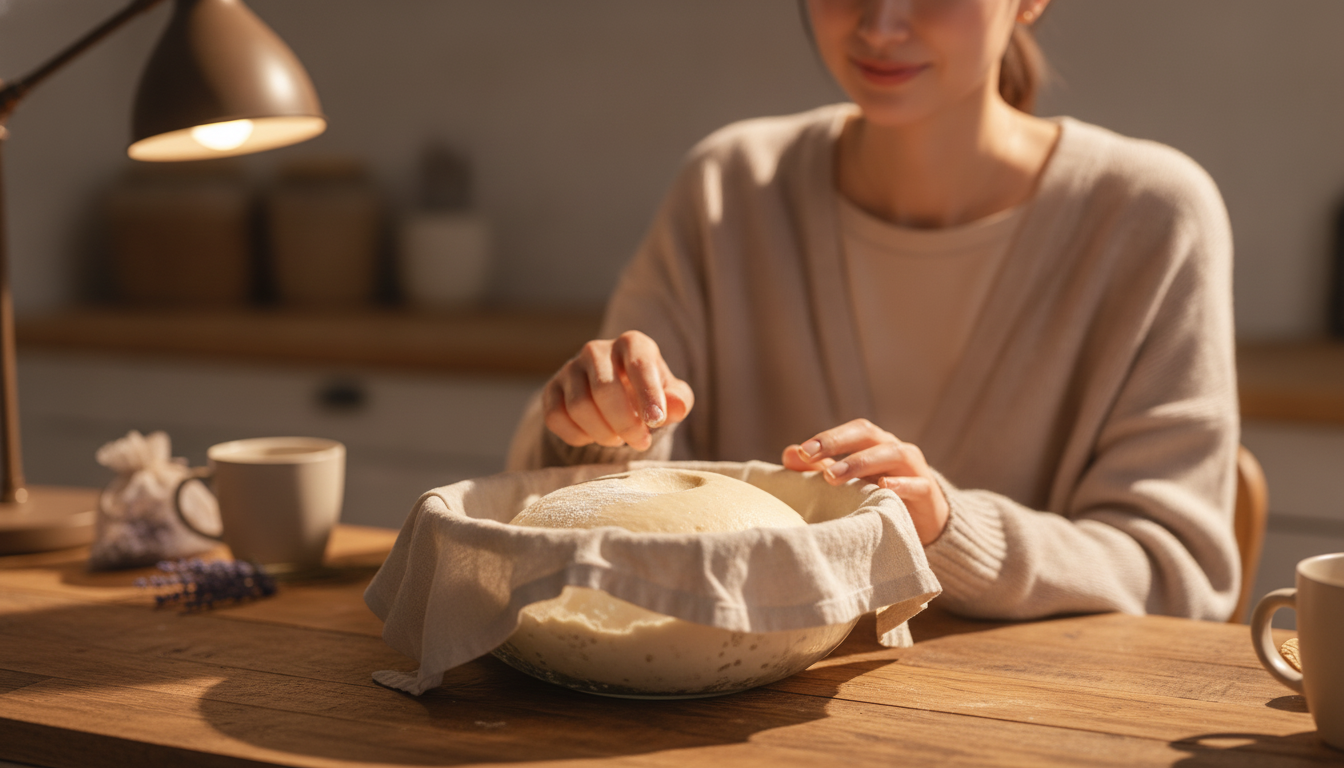 花本人と「ボウルの底で膨らみを待つ丸い生地と、途中のままを味わう朝」の内容を表すブログ挿絵