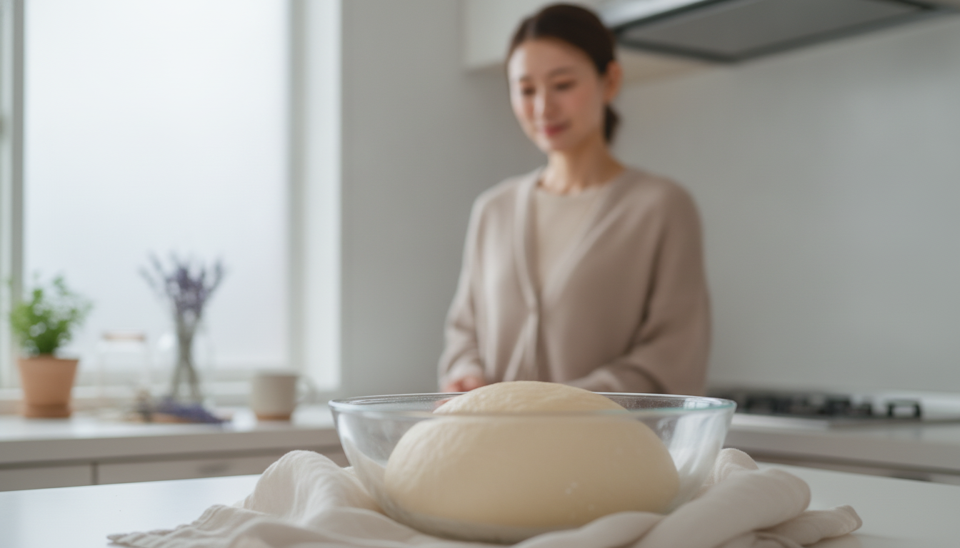 花本人と「ボウルの底で膨らみを待つ丸い生地と、途中のままを味わう朝」の内容を表すブログ挿絵