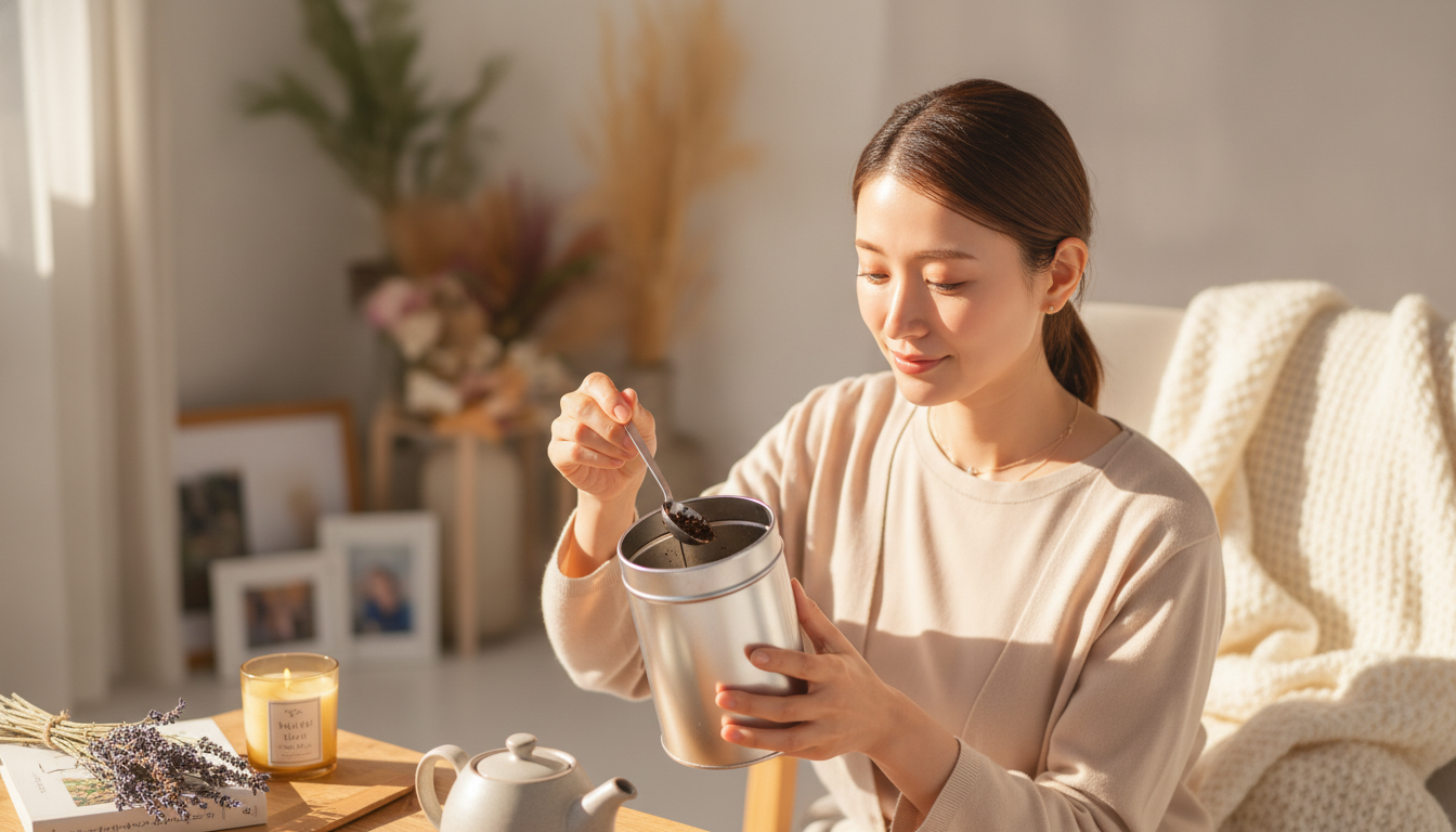 花本人と「缶の底に残る細かな茶葉と、何事もない一日の手触り」の内容を表すブログ挿絵