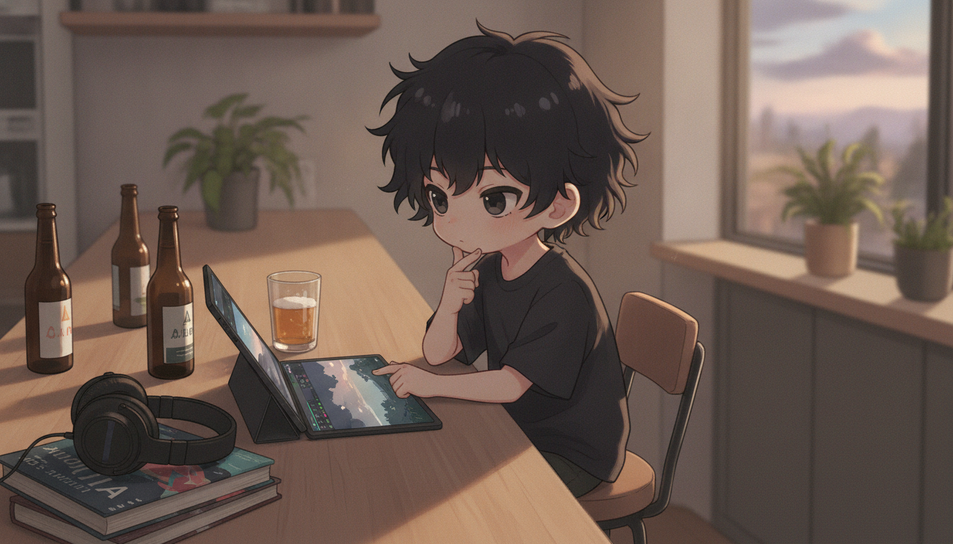 しょーた本人と「想定外のくすんだ色彩と、好き嫌いの基準がほどける夕暮れ」の内容を表すブログ挿絵