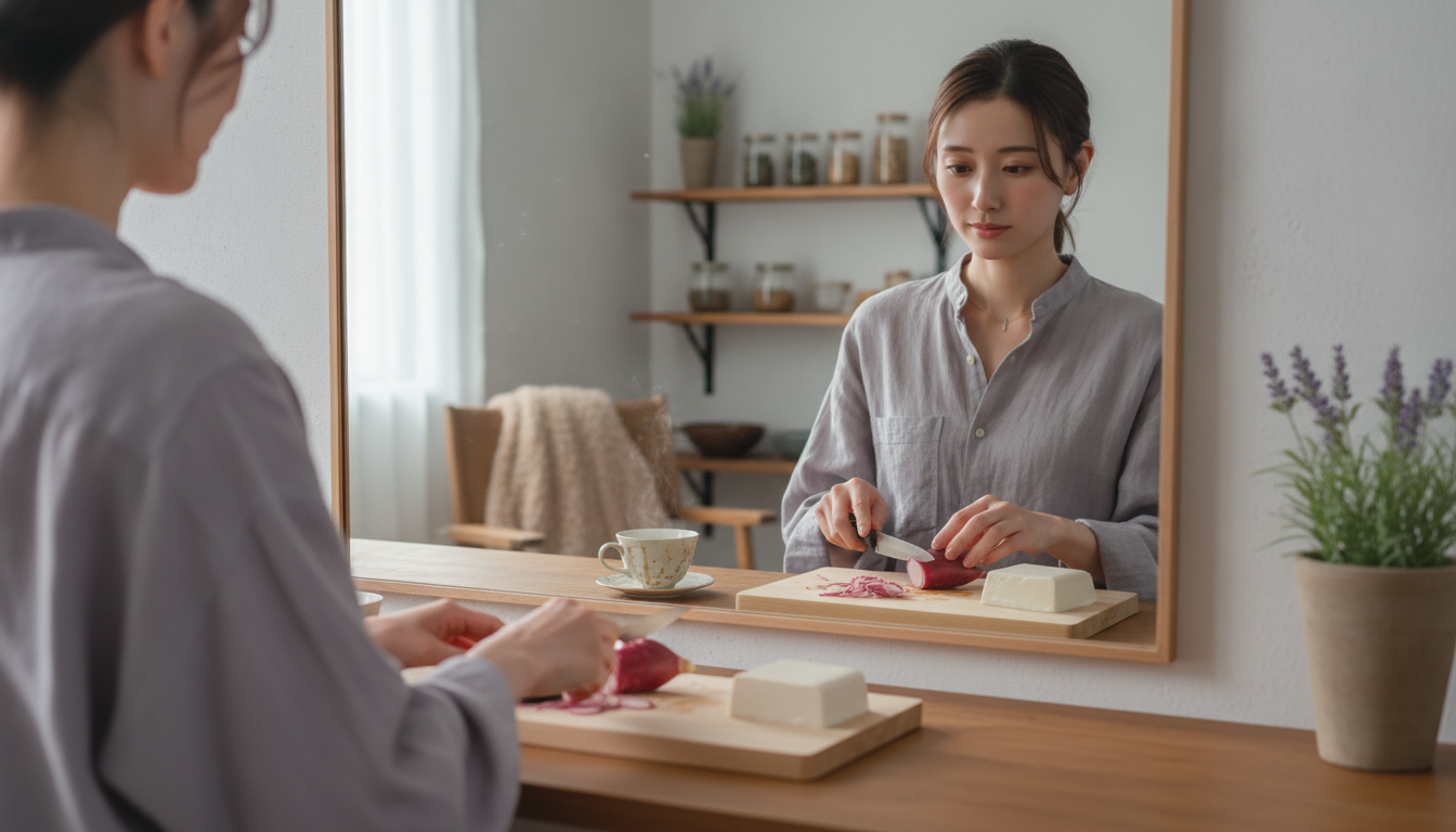 花本人と「赤紫色の千切りと、少しずつ変わり続ける感性の輪郭」の内容を表すブログ挿絵