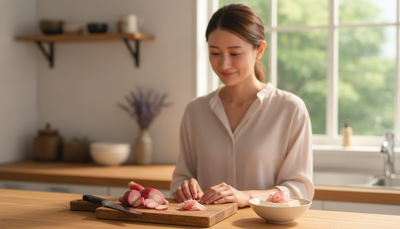 花本人と「赤紫色の千切りと、少しずつ変わり続ける感性の輪郭」の内容を表すブログ挿絵