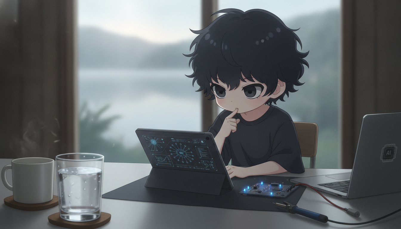 しょーた本人と「冷めた朝のグラスと、世代間の断絶を繋ぐ思考の軌跡」の内容を表すブログ挿絵