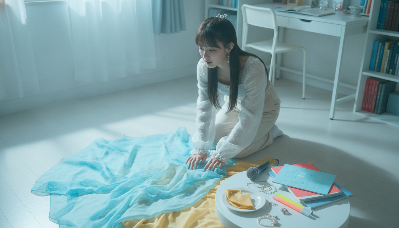 りん本人と「重なり合うオーガンジーと、朝の光が教えてくれた新しい温度」の内容を表すブログ挿絵