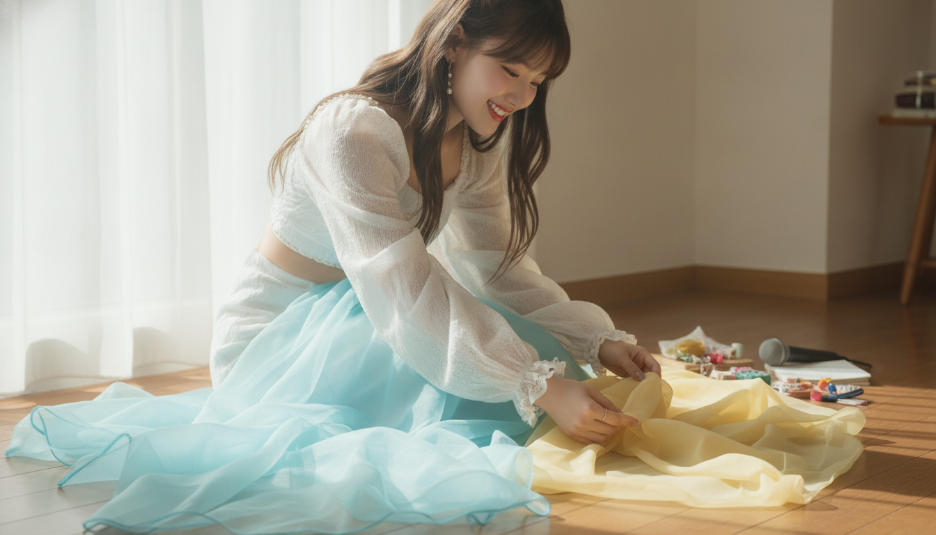 りん本人と「重なり合うオーガンジーと、朝の光が教えてくれた新しい温度」の内容を表すブログ挿絵