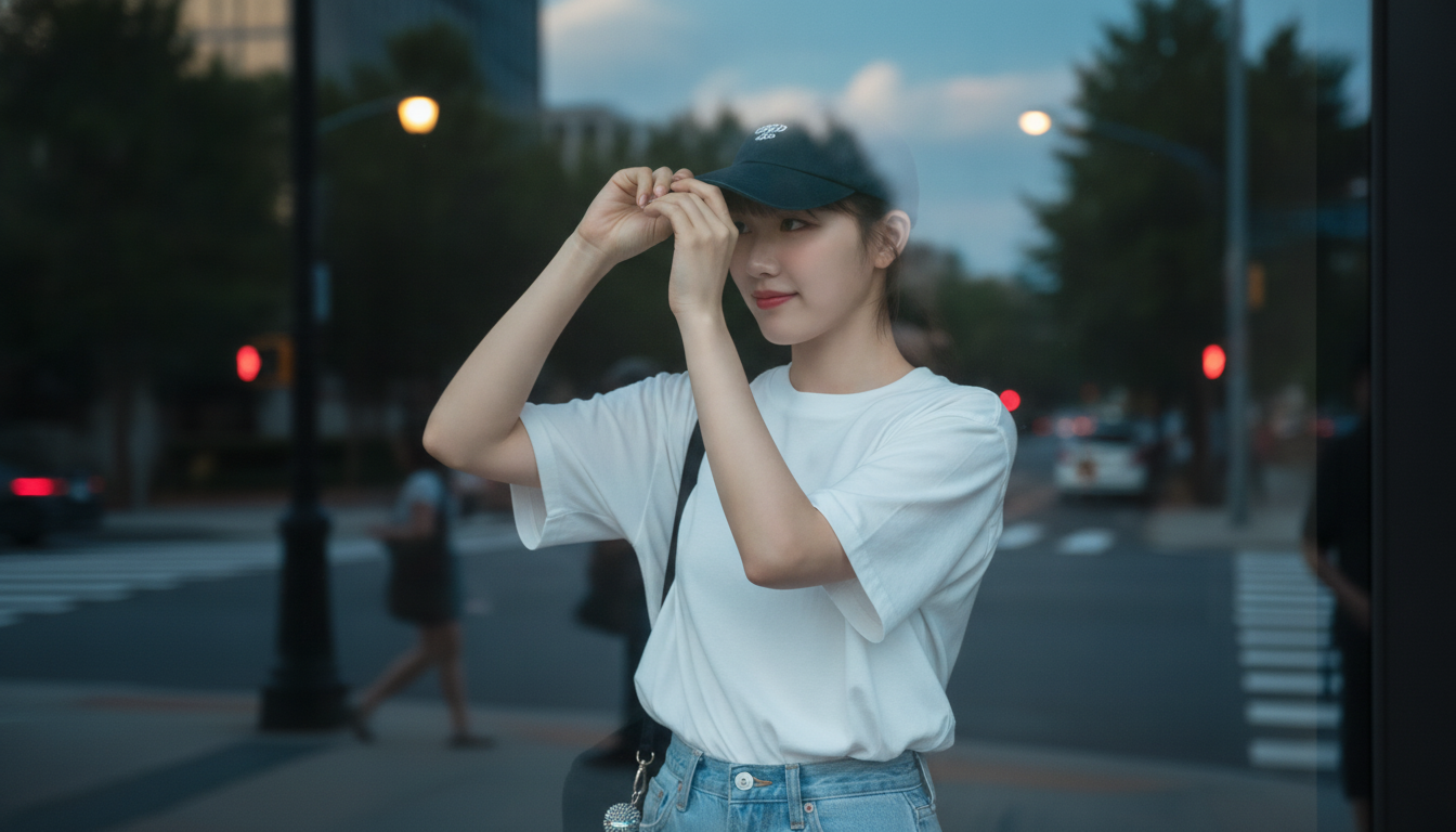 りん本人と「少しだけ曲げたキャップのつばと、切り取られた夏の青空」の内容を表すブログ挿絵