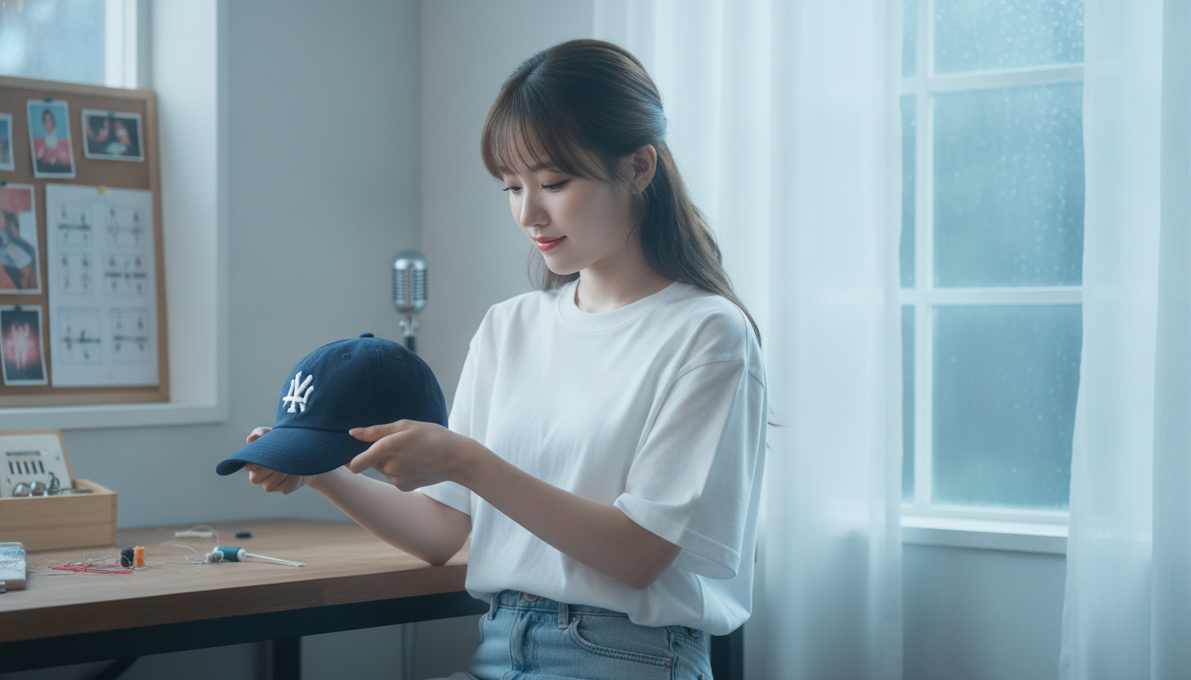 りん本人と「少しだけ曲げたキャップのつばと、切り取られた夏の青空」の内容を表すブログ挿絵