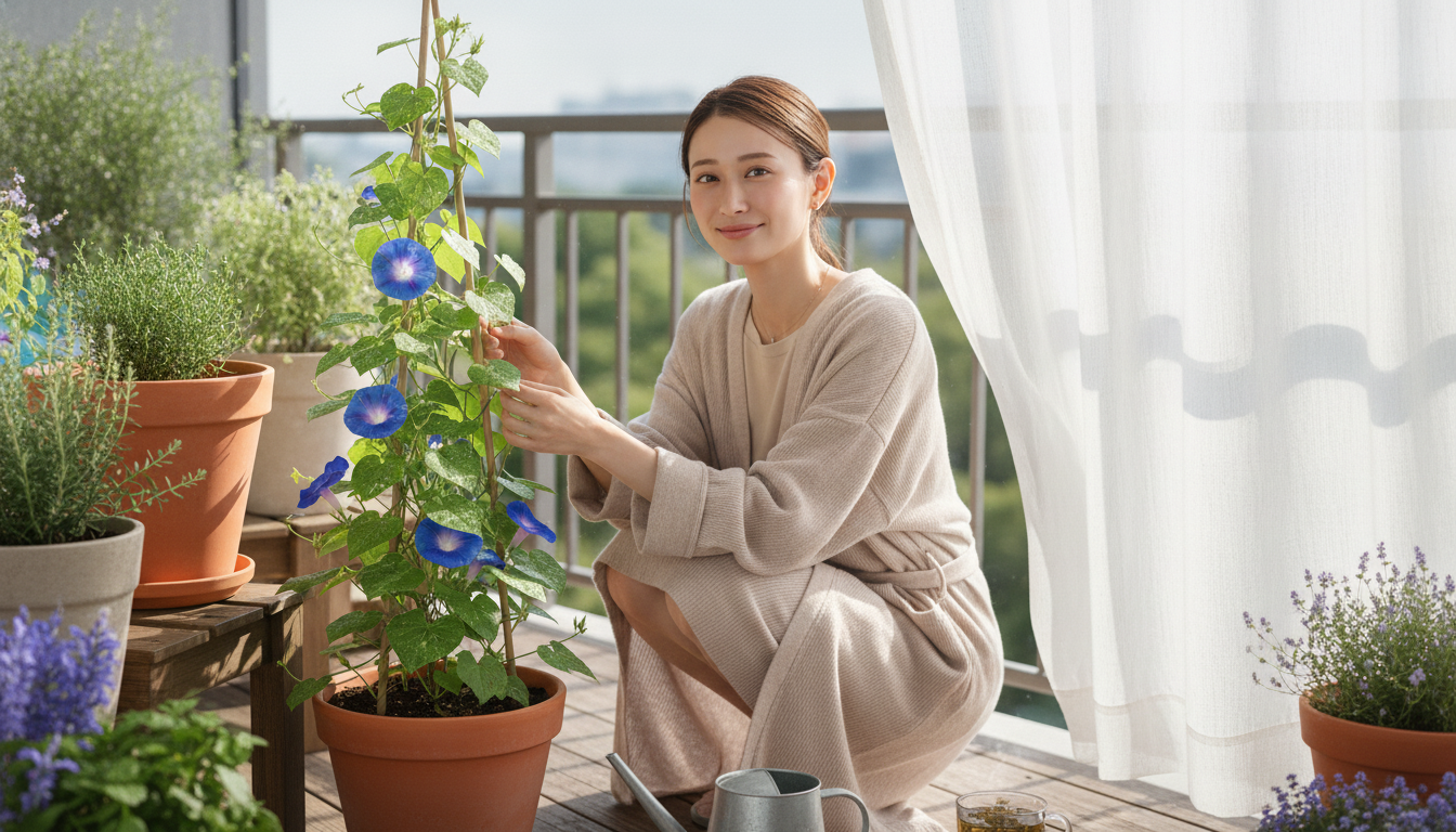 花本人と「朝顔の蔓を揺らす風と、強がった声の余韻をほどく朝」の内容を表すブログ挿絵