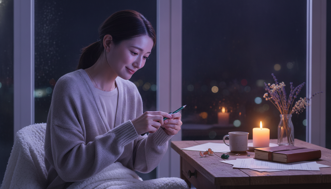 花本人と「短くなった六角形の鉛筆と、言葉に丸みを残す夜の余白」の内容を表すブログ挿絵