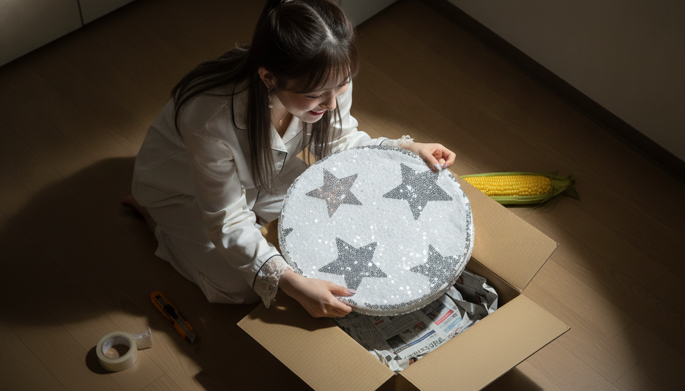 りん本人と「段ボールの底で光る星型のスパンコールと、夜9時の静かな深呼吸」の内容を表すブログ挿絵