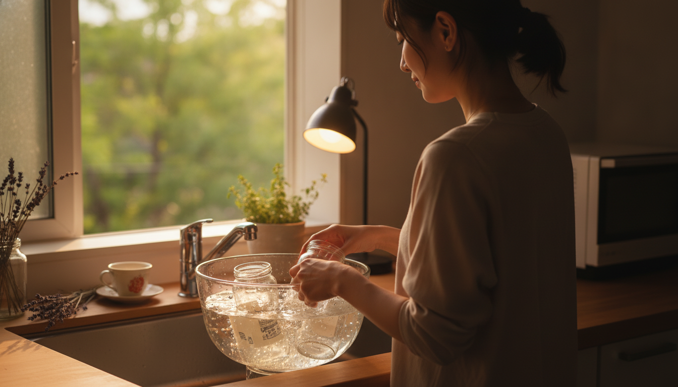 花本人と「ガラス瓶のラベルをふやかす午後と、無理に剥がさない心のペース」の内容を表すブログ挿絵