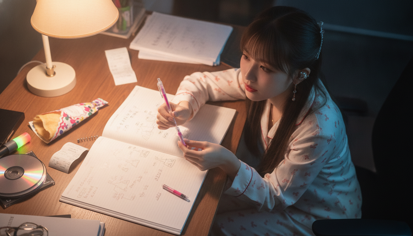 りん本人と「かすれたピンク色のインクと、透明な芯に詰まった私の歩幅」の内容を表すブログ挿絵