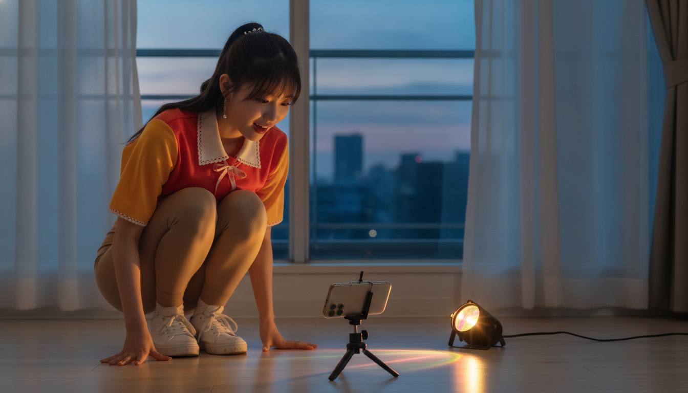りん本人と「床すれすれのカメラが捉えた不格好な足音と、やり直さなかった朝の3分間」の内容を表すブログ挿絵