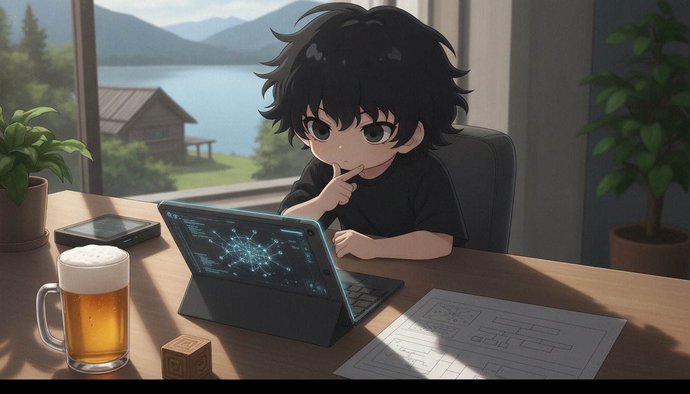 しょーた本人と「未見のコードを前に手を止めた午後と、パートナーを育てるためのささやかな選択」の内容を表すブログ挿絵