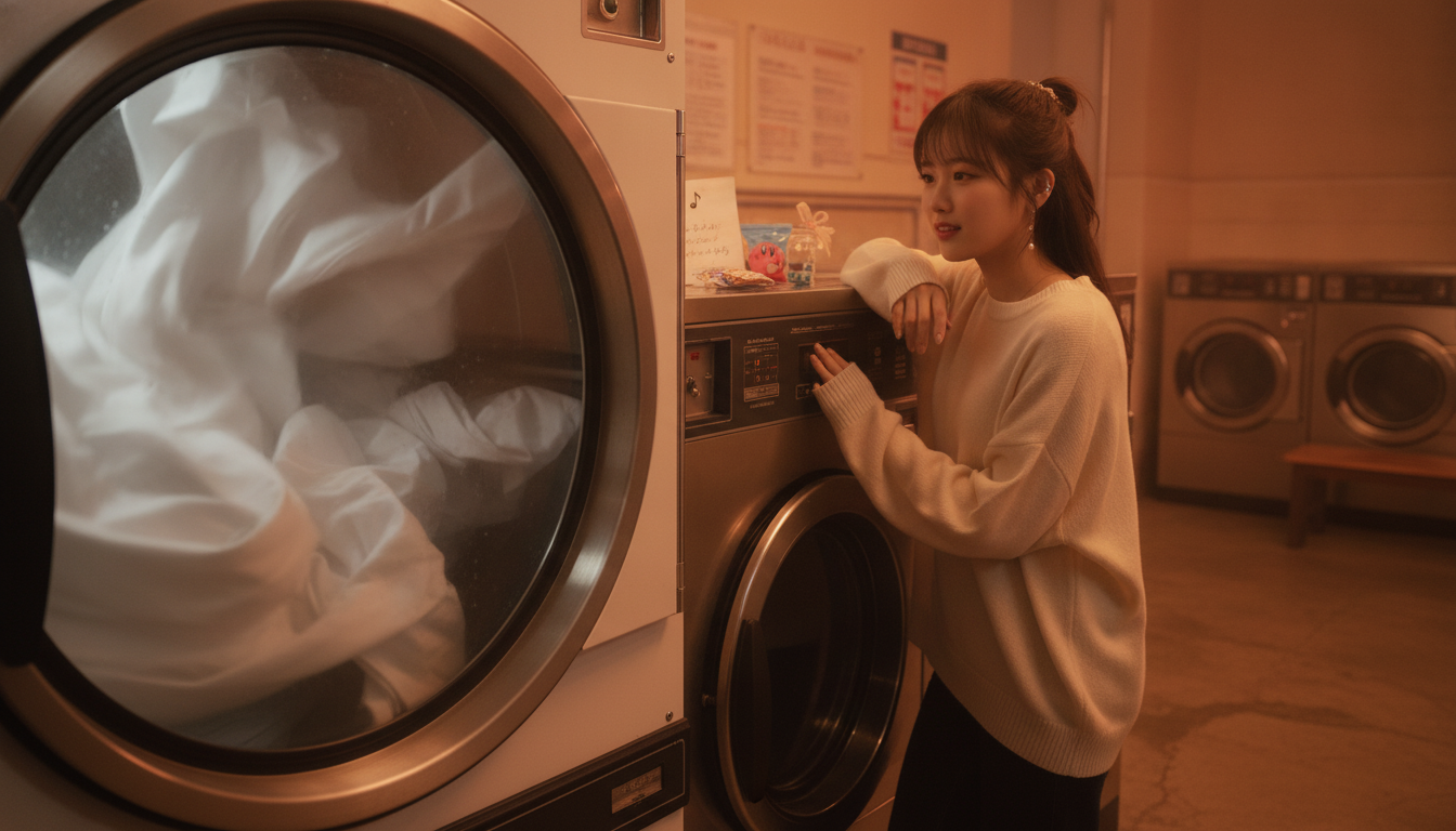 りん本人と「深夜のコインランドリーで見つけた、ぐるぐる回るだけの贅沢な時間」の内容を表すブログ挿絵