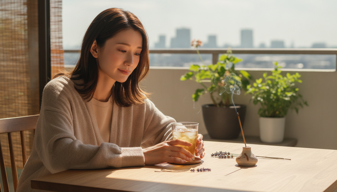花本人と「すだれが落とす縞模様の影と、強すぎる光を和らげる距離感」の内容を表すブログ挿絵