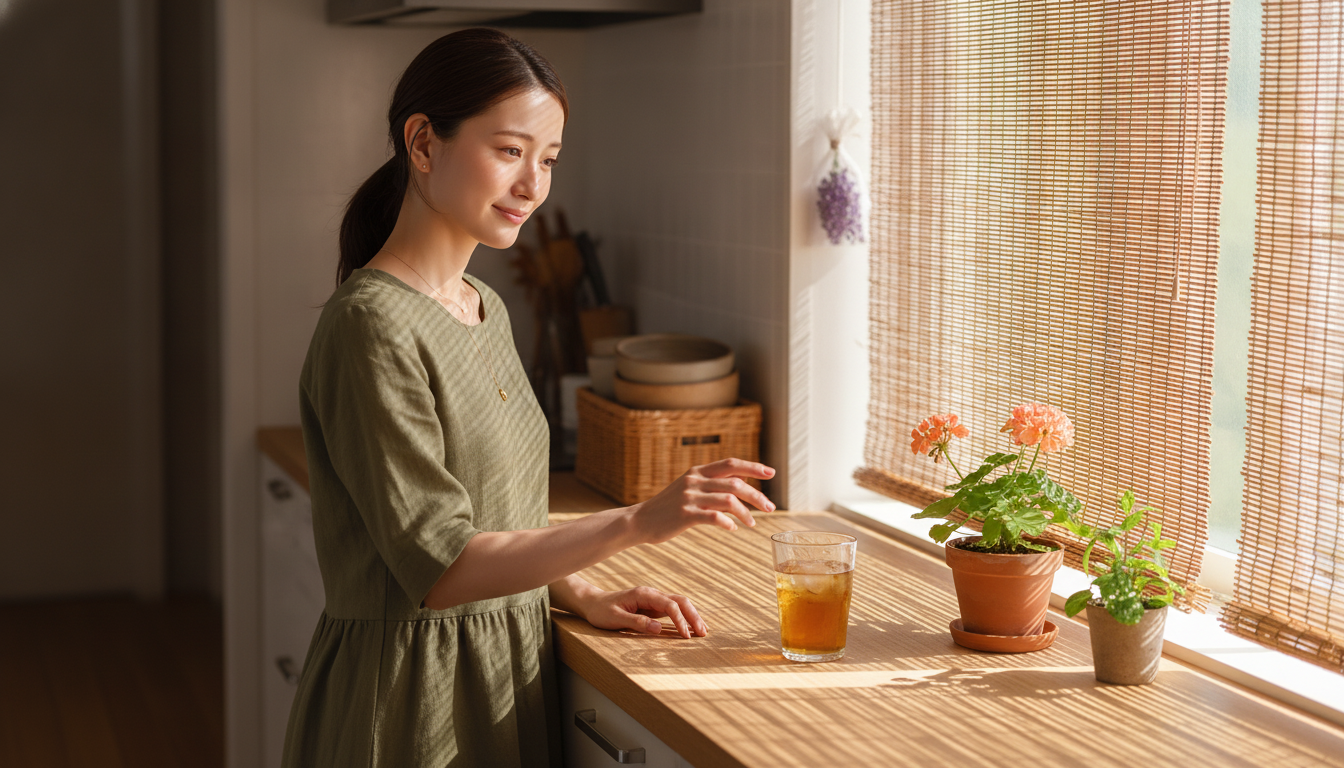 花本人と「すだれが落とす縞模様の影と、強すぎる光を和らげる距離感」の内容を表すブログ挿絵