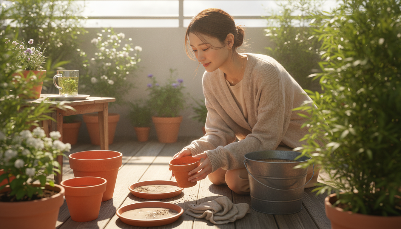 花本人と「鉢植えの受け皿に残る濁り水。見えない場所を乾かす朝の静かな引き算」の内容を表すブログ挿絵