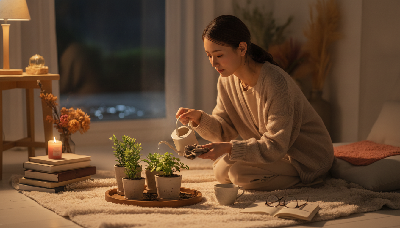 花本人と「鉢植えの受け皿に残る濁り水。見えない場所を乾かす朝の静かな引き算」の内容を表すブログ挿絵