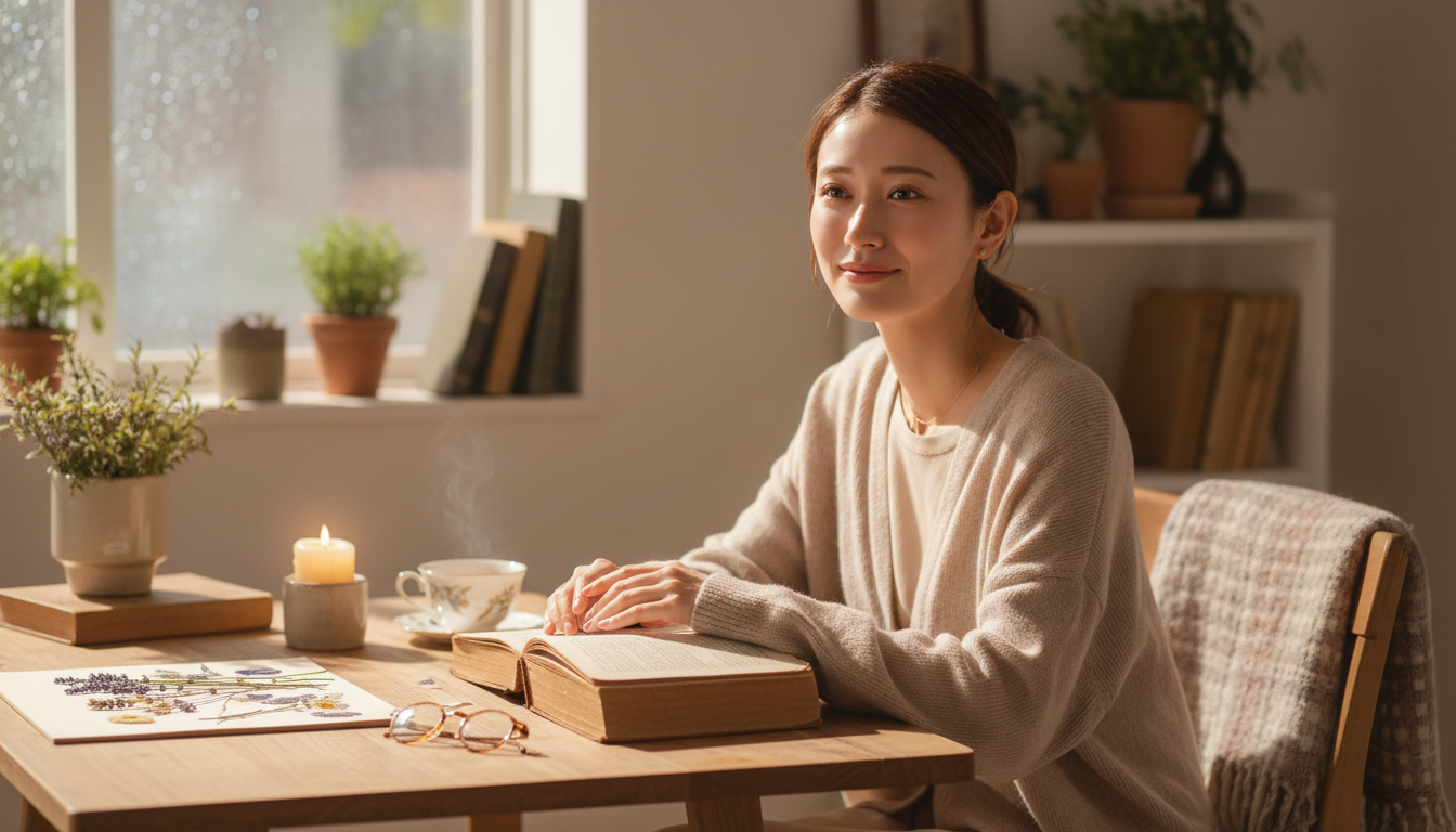 花本人と「古い布張りの表紙と、物語の中で立ち止まる時間を愛しむ午後」の内容を表すブログ挿絵