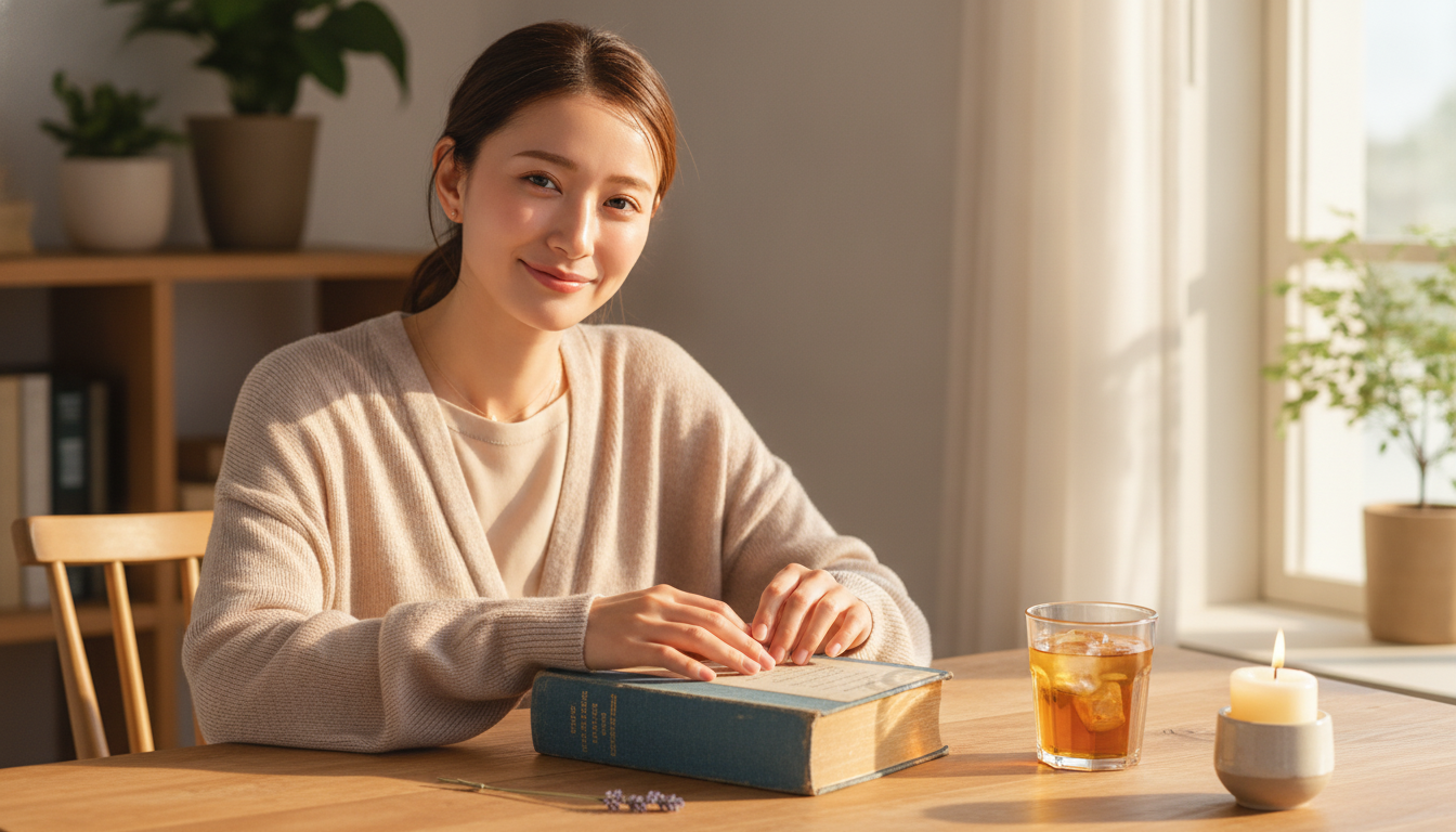 花本人と「古い布張りの表紙と、物語の中で立ち止まる時間を愛しむ午後」の内容を表すブログ挿絵