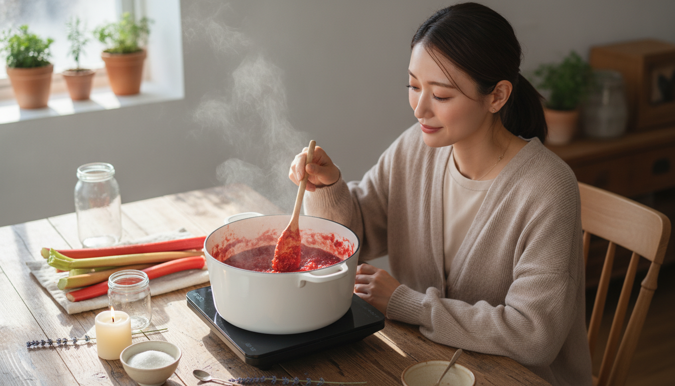 花本人と「鍋の中で崩れる赤い茎と、好きか嫌いか決めきれない朝の余白」の内容を表すブログ挿絵