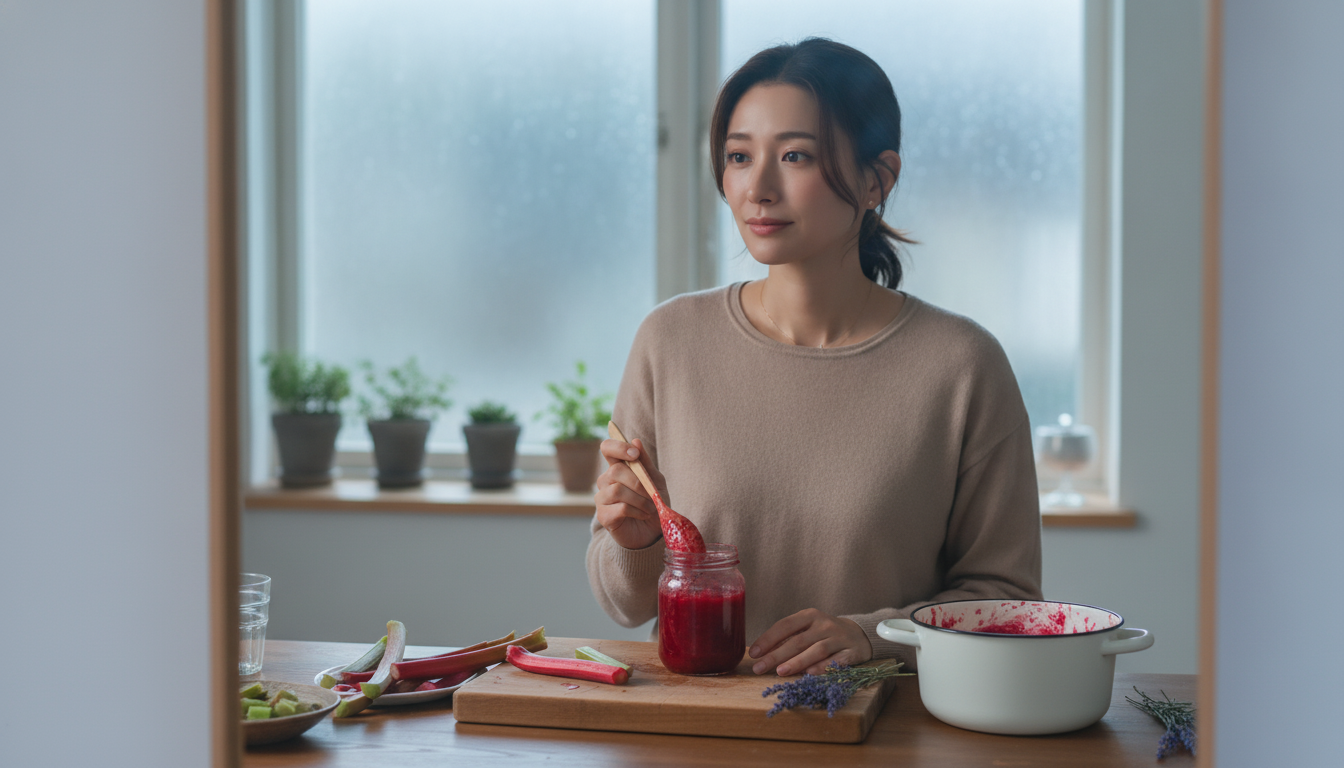 花本人と「鍋の中で崩れる赤い茎と、好きか嫌いか決めきれない朝の余白」の内容を表すブログ挿絵