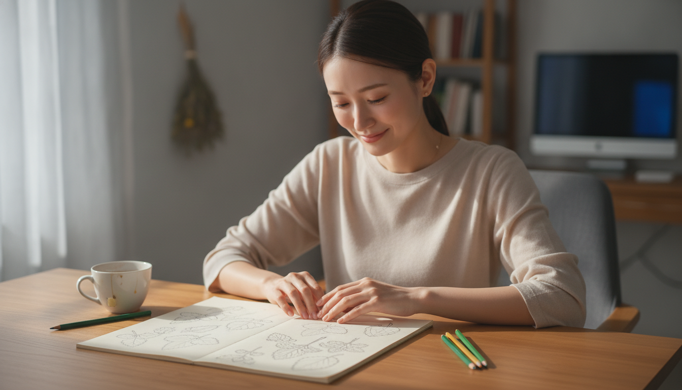 花本人と「色を塗らない葉の輪郭と、完了を急がない朝の深呼吸」の内容を表すブログ挿絵