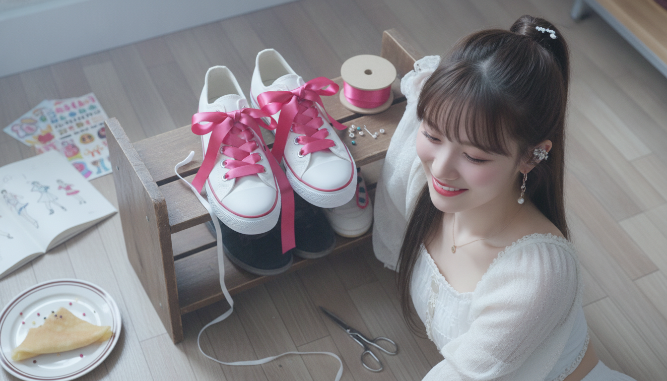 りん本人と「片方だけのチェリーピンクと、未完成な足元で踏み出す朝のステップ」の内容を表すブログ挿絵