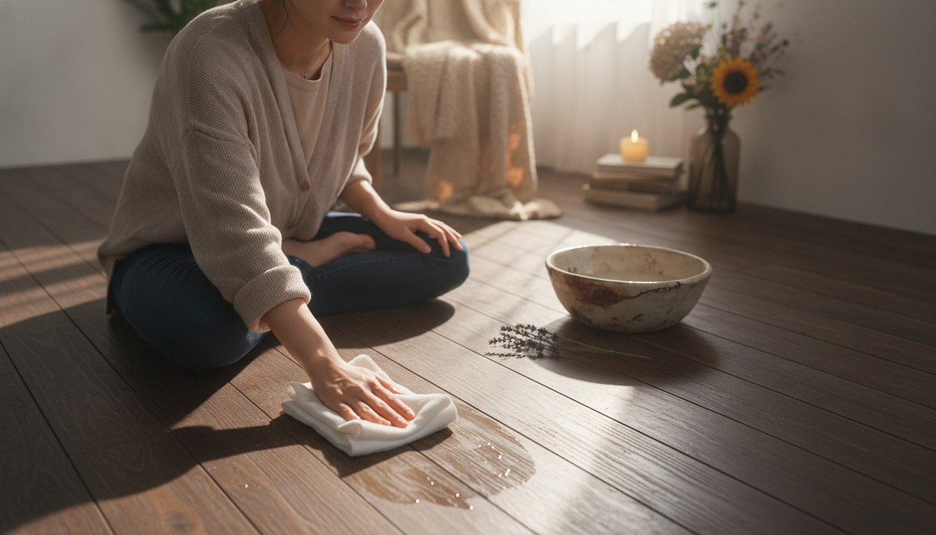 木目に沿って絞り布を滑らせる朝と、足元に眠る小さな傷の記憶