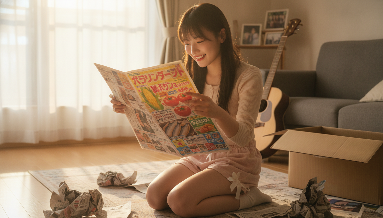 りん本人と「クシャクシャの新聞紙と、三日遅れで届いたビタミンカラー」の内容を表すブログ挿絵
