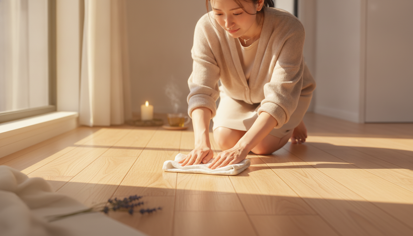 花本人と「木目に沿って絞り布を滑らせる朝と、足元に眠る小さな傷の記憶」の内容を表すブログ挿絵