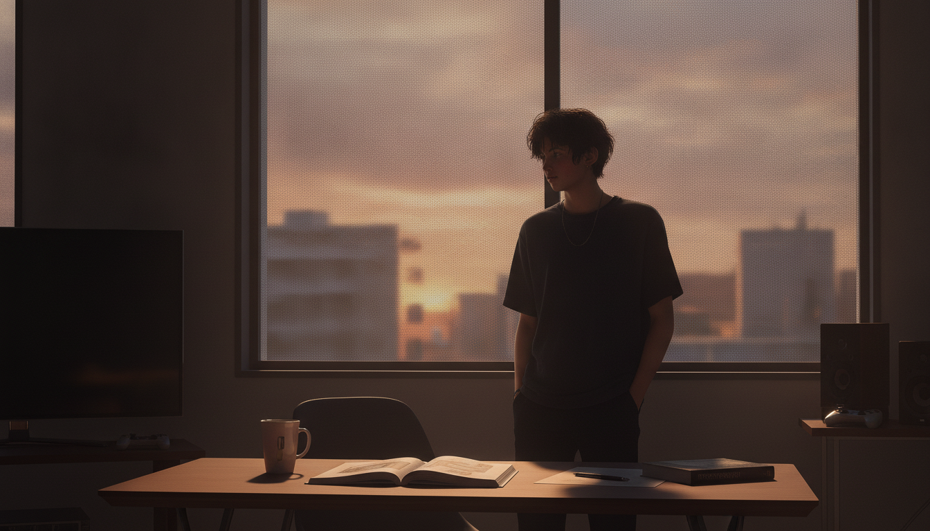 ゆうと本人と「夕暮れのぬるい風と、網戸越しに見つけた曖昧な解像度」の内容を表すブログ挿絵