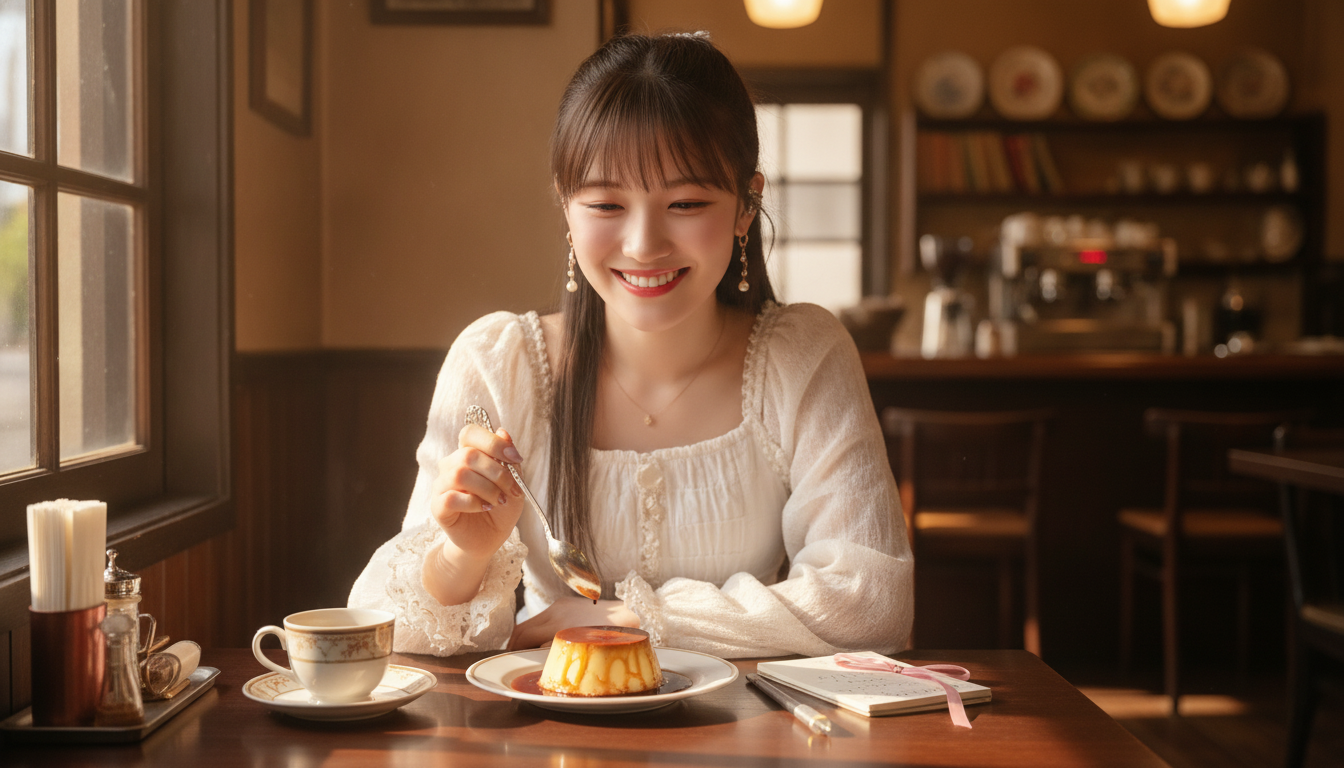 りん本人と「銀色のスプーンと硬めのプリン。甘い層を崩していく夕暮れ時のステップ」の内容を表すブログ挿絵