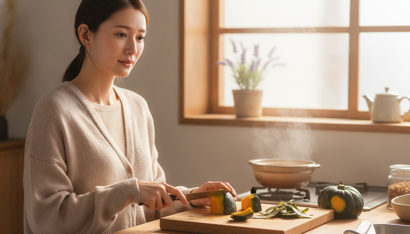 花本人と「不揃いなかぼちゃの角を落とす朝と、丸みを帯びた言葉の温度」の内容を表すブログ挿絵