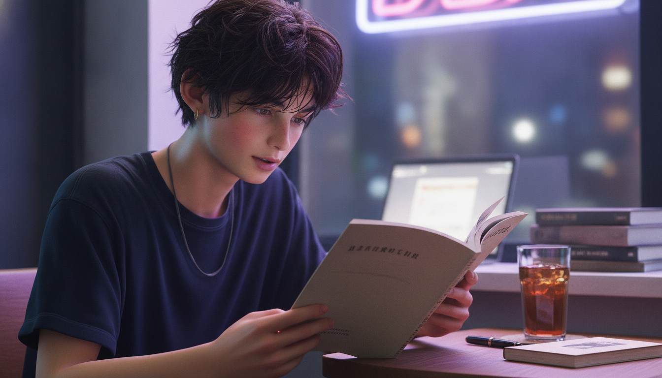ゆうと本人と「ざらりとした紙面に沈む明朝体と、物語を物理的に持ち帰る日の余白」の内容を表すブログ挿絵