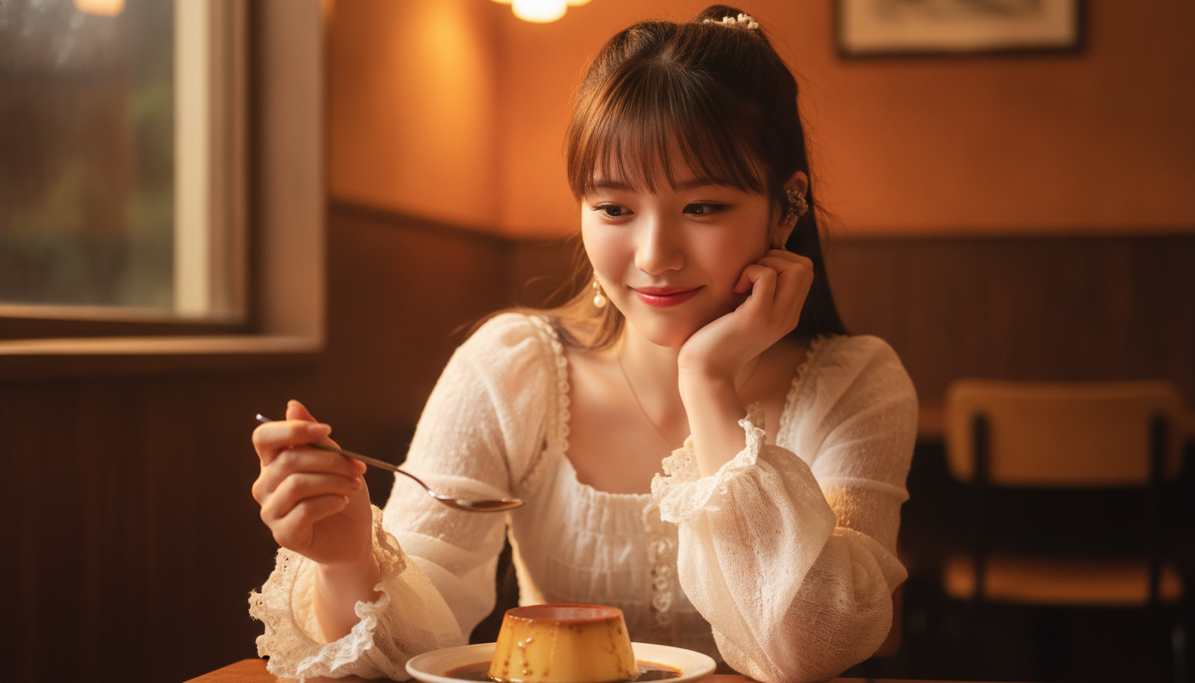 りん本人と「銀色のスプーンと硬めのプリン。甘い層を崩していく夕暮れ時のステップ」の内容を表すブログ挿絵