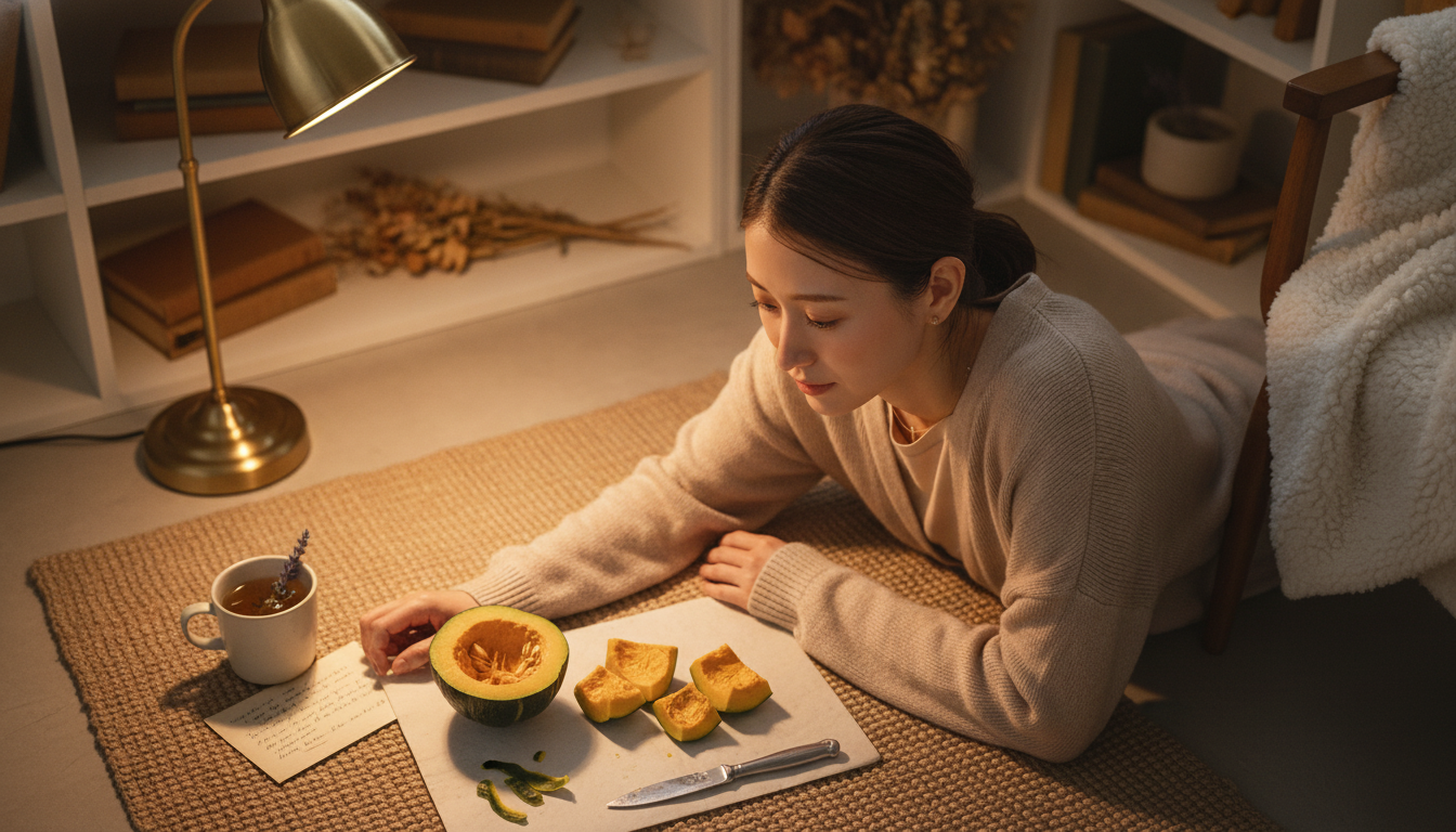 花本人と「不揃いなかぼちゃの角を落とす朝と、丸みを帯びた言葉の温度」の内容を表すブログ挿絵